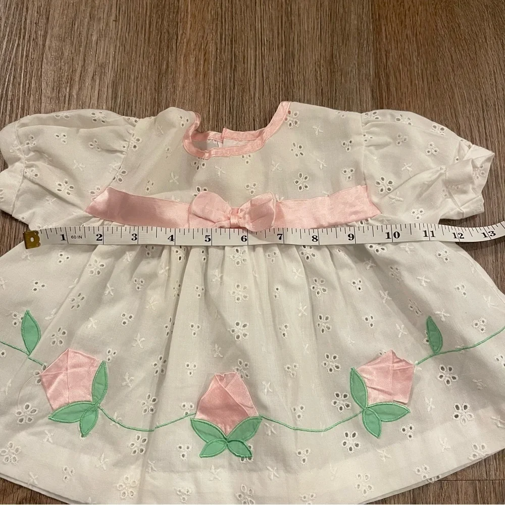 Vintage Baby Girl Set Dress Bloomed Sz 3-6 Mo White Eyelet Rose Buds Pink Bow